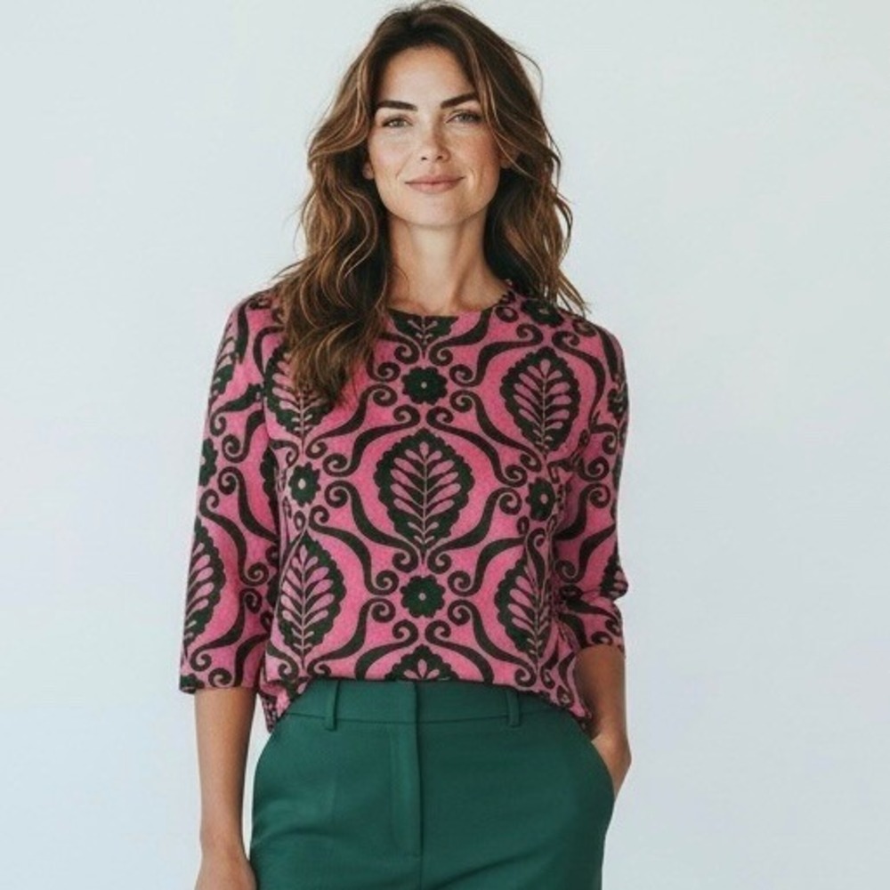 Boden Womens 100% Cashmere Short Sleeve Sweater Pink Green Damask Floral Large